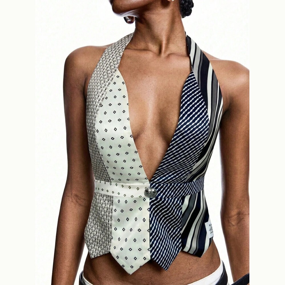 Patchwork Print Halter Neck Tie-Panel Patchwork Crop Tank Top
